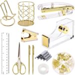 EOOUT Gold Office Supplies Set Desk Accessories, Acrylic Stapler Set Staple Remover, Phone Holder, Tape Holder, Pen Holder, 2 Ballpoint Pen, Scissor, Binder Clips, Ruler, Transparent Glue and Staples. - Image 2