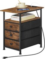HOOBRO End Table, Narrow Side Table with Charging Station, Nightstand with 3 Non-Woven Fabric Drawers, Bedside Table for Small Spaces, for Living Room, Bedroom, Rustic Brown and Black BF483UBZ01 - Image 9