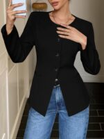 Cicy Bell Womens Business Casual Fitted Blazers Collarless Split Hem Work Office Button Down Suit Jackets - Image 3
