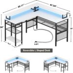 Unikito L-Shaped Desk with LED Strip and Power Outlets, Reversible Corner Computer Desk with Monitor Stand and Storage Shelf, Modern L-Shaped Gaming Table, Home Office Desk with USB Ports, White - Image 4
