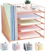 Desk Organizers and Accessories, 5-Tier Paper Letter Tray Organizer with File Holder, Desktop Organizer for Office Supplies, Office Desk Accessories & Workspace (Rose Gold) - Image 2