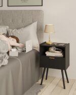 Black Nightstand,Modern Bedside Table with Storage Drawer and Open Wood Shelf, for Living Room, Bedroom and Small Spaces, Accent Night Stand with Solid Wood Legs, Easy Assembly,Classic Black - Image 4