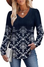 Alaroo Womens Long Sleeve Shirts Pleated V Neck Curved Hem Fall Winter Tunic Tops Blouses Print - Image 4