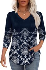 Alaroo Womens Long Sleeve Shirts Pleated V Neck Curved Hem Fall Winter Tunic Tops Blouses Print - Image 3