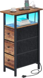 End Table with Charging Station, Narrow Side Table with 3 Fabric Drawers, Skinny Nightstand with LED Light, Slim Bedside Table for Bedroom, Living Room, Small Spaces, Rustic Brown - Image 2