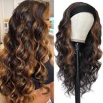 xccoco Long Wavy Headband Wig for Women Black Wigs with Brown Blonde Highlight 200% Denisty Headband Wigs Put On and Go Glueless Wig Long Synthetic Wig for Women Party Daliy Use - Image 2