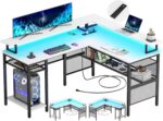 Unikito L-Shaped Desk with LED Strip and Power Outlets, Reversible Corner Computer Desk with Monitor Stand and Storage Shelf, Modern L-Shaped Gaming Table, Home Office Desk with USB Ports, White - Image 2
