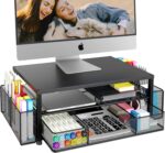 Desk Organizer and Accessories, 2-Tier Computer Monitor Stand Riser with Drawer and 2 Pen Holders, Office Desk Accessories for Office Supplies, Black - Image 2
