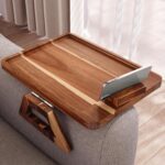 Acacia Wood Couch Arm Tray with 360°Phone Holder,Folding Sofa Armrest Tray,Couch Arm Table Clip-On Couch Desk for Drinks,Snacks,Phone,Remote Control - Image 2