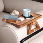 Acacia Wood Couch Arm Tray with 360°Phone Holder,Folding Sofa Armrest Tray,Couch Arm Table Clip-On Couch Desk for Drinks,Snacks,Phone,Remote Control - Image 5