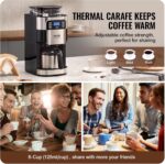 VEVOR Coffee Maker with Grinder, 8 Cup Coffee Machine, Grind and Brew Coffee Maker with 3 Brew Strength Control, 24-Hour Timer for Auto Brew, for Home Office Restaurant - Image 6