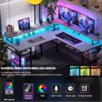 Unikito L-Shaped Desk with LED Strip and Power Outlets, Reversible Corner Computer Desk with Monitor Stand and Storage Shelf, Modern L-Shaped Gaming Table, Home Office Desk with USB Ports, White - Image 6