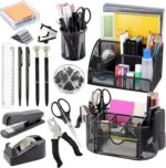 17 in 1 Black Desk Organizers and Accessories Set, 3 Office Desk Supplies Storage Organization, 4 Pens, Stapler, Staples & Remover, Tape & Dispenser, Scissors, Ruler, Clips, Hole Punch, Back to School - Image 2