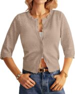 GRACE KARIN Women's 3/4 Short Sleeve Cropped Cardigan Lightweight Button up Crochet Knit Sweater Shrug for Summer Spring - Image 4