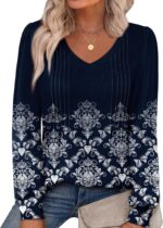Alaroo Womens Long Sleeve Shirts Pleated V Neck Curved Hem Fall Winter Tunic Tops Blouses Print - Image 2