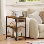HOOBRO End Table with Charging Station, Simple Rustic Side Table with 3-Tier Storage Shelf, Narrow Nightstand for Small Spaces, for Living Room, Industrial Design, Rustic Brown and Black BF149UBZ01 - Image 3