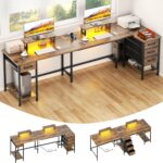 93" Long Desk with Storage, 2 Person Office Desk with Power Outlets & LED Lights, Large Home Office Computer Desk with 4 Fabric Drawers & 2 Monitor Stand for Work Gaming Study - Image 2