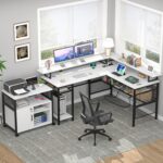 Unikito L-Shaped Desk with LED Strip and Power Outlets, Reversible Corner Computer Desk with Monitor Stand and Storage Shelf, Modern L-Shaped Gaming Table, Home Office Desk with USB Ports, White - Image 3
