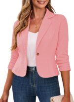 Traleubie Women's Cropped Blazers 3/4 Ruched Sleeve Lightweight Office Wear Short Blazer with Button, S-XL - Image 2
