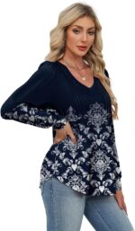 Alaroo Womens Long Sleeve Shirts Pleated V Neck Curved Hem Fall Winter Tunic Tops Blouses Print - Image 5