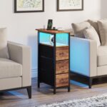End Table with Charging Station, Narrow Side Table with 3 Fabric Drawers, Skinny Nightstand with LED Light, Slim Bedside Table for Bedroom, Living Room, Small Spaces, Rustic Brown - Image 9