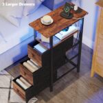 End Table with Charging Station, Narrow Side Table with 3 Fabric Drawers, Skinny Nightstand with LED Light, Slim Bedside Table for Bedroom, Living Room, Small Spaces, Rustic Brown - Image 7