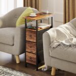 End Table with Charging Station, Narrow Side Table with 3 Fabric Drawers, Skinny Nightstand with LED Light, Slim Bedside Table for Bedroom, Living Room, Small Spaces, Rustic Brown - Image 3