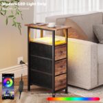 End Table with Charging Station, Narrow Side Table with 3 Fabric Drawers, Skinny Nightstand with LED Light, Slim Bedside Table for Bedroom, Living Room, Small Spaces, Rustic Brown - Image 5