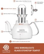 TETWIN Glass Teapot Including 6 Blooming Flower Tea Balls, Stovetop Safe Tea Pot with Removable Infuser for Loose Leaf Tea, 1000ml / 33.8oz - Image 5