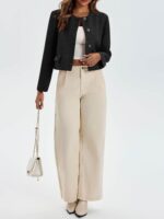 Cicy Bell Womens Cropped Tweed Blazer Collarless Button Down Bomber Jacket Business Casual Fall Outfits - Image 5