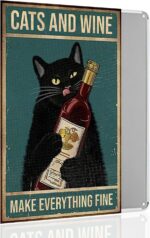 Vintage Black Cat Wine Wall Decor, Funny Cat and Wine Bottle Signs, Cats and Wine Makes Everything Fine Retro Wall Metal Sign for Bedroom Bathroom Office Bar Coffee Kitchen, Gift Cat Lovers 8x12″ - Image 2
