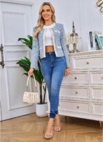 Women's Tweed Blazers Cropped Long Sleeve Crewneck Open Front Lace Trim Lightweight Plaid Work Business Jackets - Image 3