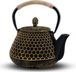 Cast Iron Tea Pot - Honeycomb Pattern Tea Kettle with Tea Leaf Infuser,Stovetop Tea Kettle Coated with Enameled Interior,Suitable for Brewing Loose Leaf Tea (Gold) - Image 2
