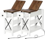 Narrow End Table with Charging Station - Farmhouse Slim Side Table Set of 2, w/USB Ports Power Outlets, Nightstand w/Flip Top Storage Drawer, for Small Spaces Living Room Bedroom, Brown White - Image 2