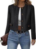 Cicy Bell Womens Cropped Tweed Blazer Collarless Button Down Bomber Jacket Business Casual Fall Outfits - Image 2