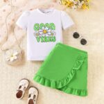Kids Toddler Girl Summer Clothes Letter Printed T-Shirt Top＋ Floral Skirt 2pcs Girl's Skirt Set - Image 3
