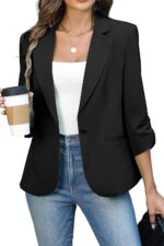 ELLEVEN Women's Ruched 3/4 Sleeve Blazers, Lightweight Slim Fit Jackets with Padded Shoulder for Business Casual - Image 2