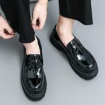 Mens Leather Slip-On Platform Dress Tassels Loafers Non-Slip Low Top Round Toe Chunky Penny Shoes for Business Casual Dress Prom Party - Image 3
