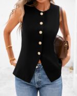 BTFBM Summer Sleeveless Blazer Vest For Women Dressy Button Down Round Neck Business Casual Outfits Work Suit Vests Tops - Image 6