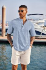 COOFANDY Men's Casual Henley Shirt Short Sleeve Band Collar Linen Shirt Summer Beach Hippie T-Shirts - Image 3