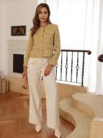 M.Infisavo 2025 Women Tweed Jacket Cropped Blazers Fall Winter Elegant Round Neck Pockets Business Casual Outfit - Image 4