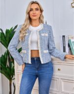Women's Tweed Blazers Cropped Long Sleeve Crewneck Open Front Lace Trim Lightweight Plaid Work Business Jackets - Image 4