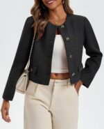 Cicy Bell Womens Cropped Tweed Blazer Collarless Button Down Bomber Jacket Business Casual Fall Outfits - Image 3