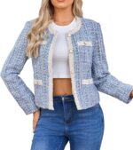 Women's Tweed Blazers Cropped Long Sleeve Crewneck Open Front Lace Trim Lightweight Plaid Work Business Jackets - Image 2