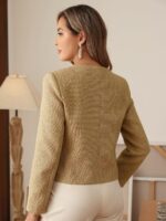 M.Infisavo 2025 Women Tweed Jacket Cropped Blazers Fall Winter Elegant Round Neck Pockets Business Casual Outfit - Image 5