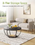 LITTLE TREE Round Coffee Table, 32" Circle Coffee Table for Living Room, 2-Tier Wood Accent Center Table with Open Storage Industrial Design Home Furniture (Black) - Image 5
