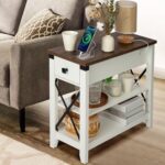 Narrow End Table with Charging Station - Farmhouse Slim Side Table Set of 2, w/USB Ports Power Outlets, Nightstand w/Flip Top Storage Drawer, for Small Spaces Living Room Bedroom, Brown White - Image 9