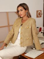 M.Infisavo 2025 Women Tweed Jacket Cropped Blazers Fall Winter Elegant Round Neck Pockets Business Casual Outfit - Image 3
