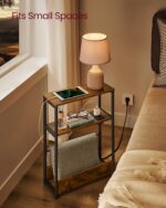 VASAGLE Side Table with Charging Station, Narrow End Table, 3-Tier Nightstand, Sofa Table for Small Spaces, Magazine Rack, for Living Room, Bedroom, Study, Rustic Brown and Ink Black ULET335K01 - Image 5