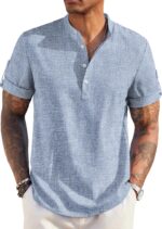 COOFANDY Men's Casual Henley Shirt Short Sleeve Band Collar Linen Shirt Summer Beach Hippie T-Shirts - Image 2